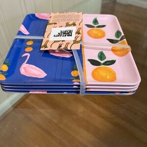 4 New BOUFFANTS & BROKEN HEARTS 6" Square Melamine Plates Pink Flamingos Oranges